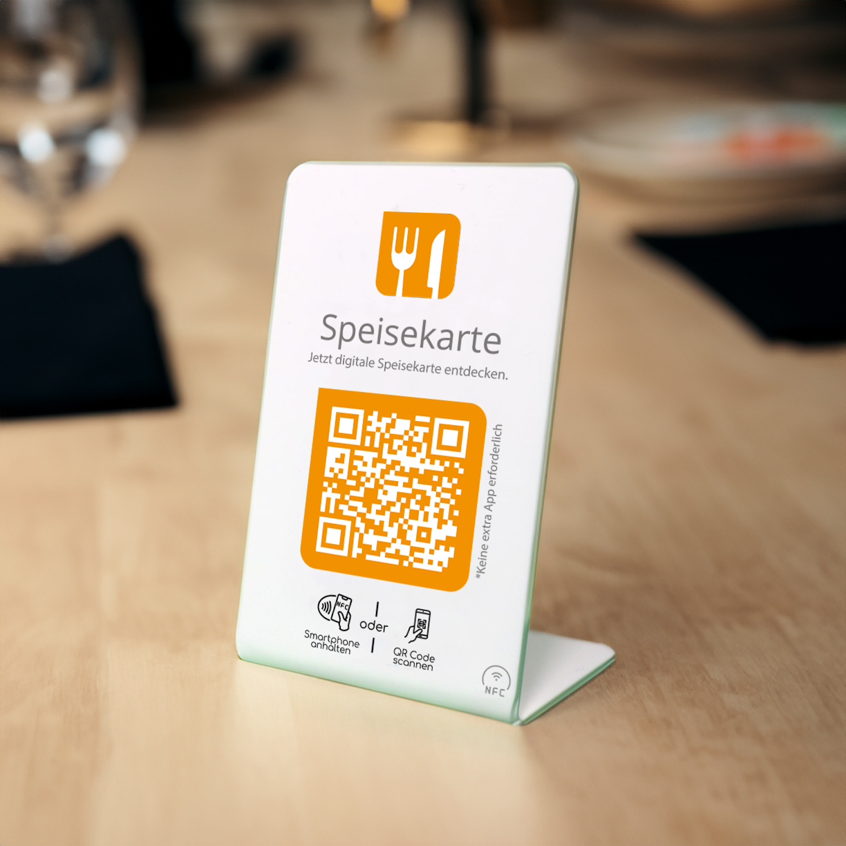 Digitale Speisekarte NFC Aufsteller mit integriertem QR-Code für Restaurants und Cafés