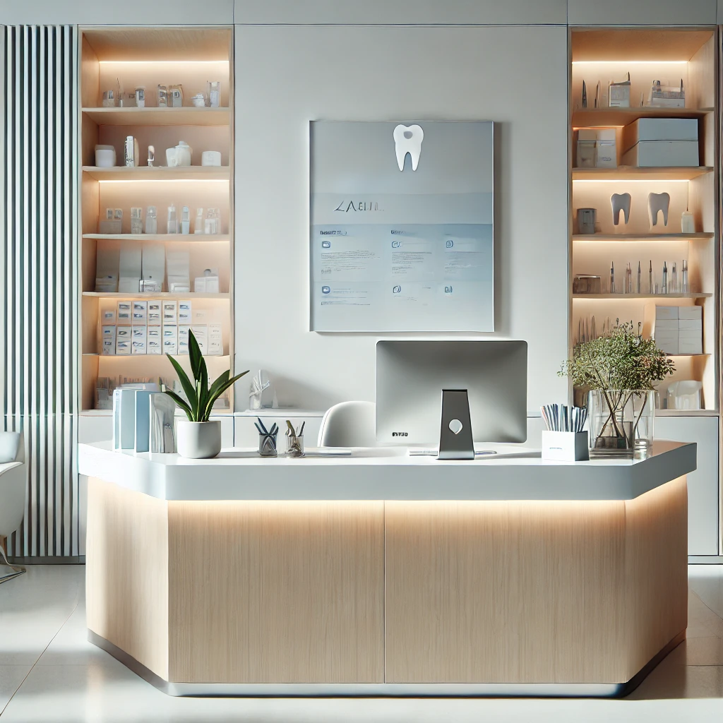 DALL·E 2024-10-22 12.13.13 - A close-up view of the reception area in a modern German 'Zahnarzt' (dentist's office). The sleek, minimalist reception desk is made of polished white