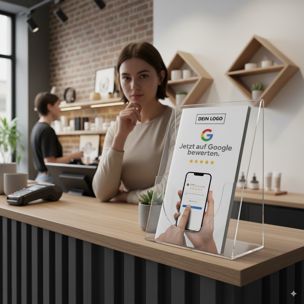 Google Bewertung Flyer - 9,9 × 21 cm | Mittelfalz | Mit QR-Code & Dankes-Seite