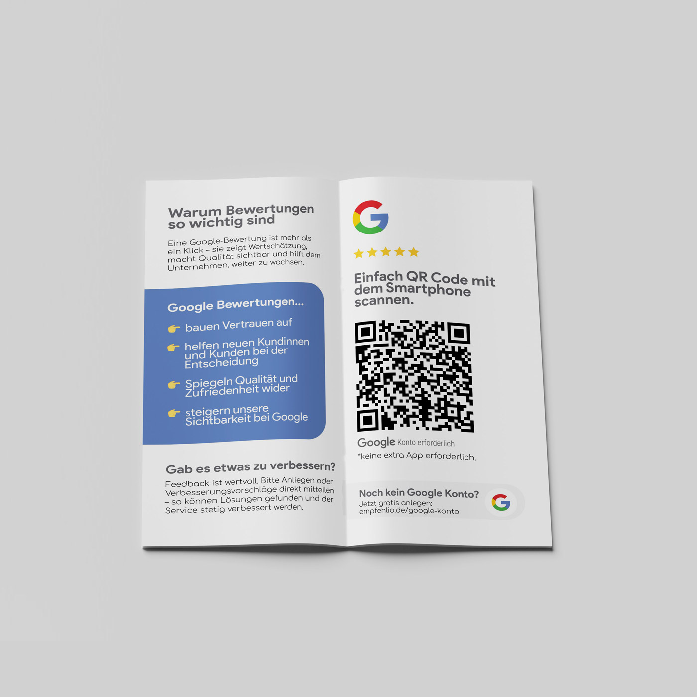 Google Bewertung Flyer - 9,9 × 21 cm | Mittelfalz | Mit QR-Code & Dankes-Seite