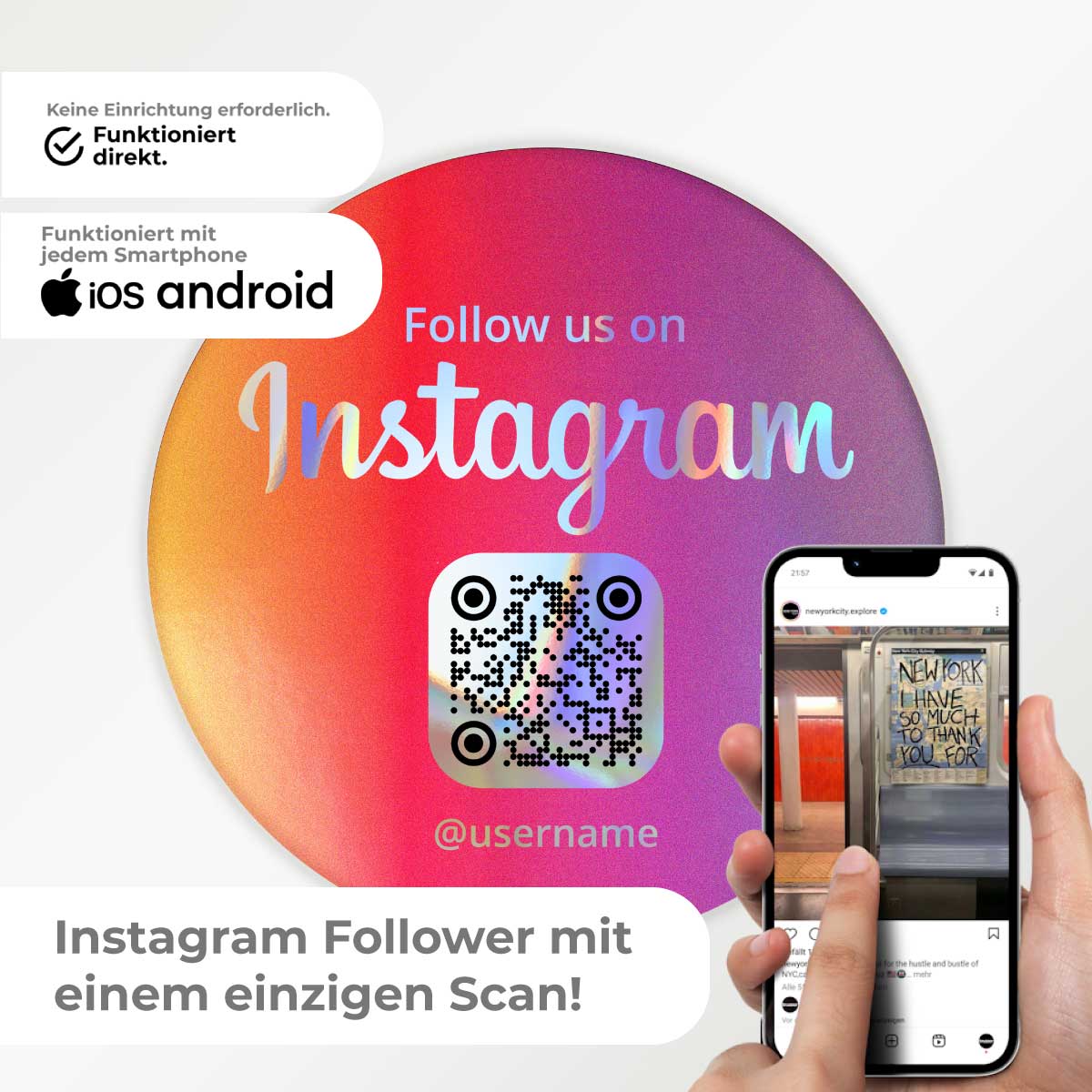 Instagram QR Code Sticker „Follow Us“ Rund – Hologramm Edition – 3 Größen