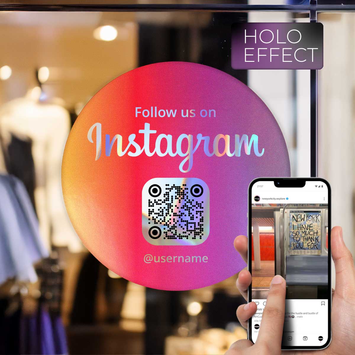Instagram QR Code Sticker „Follow Us“ Rund – Hologramm Edition – 3 Größen