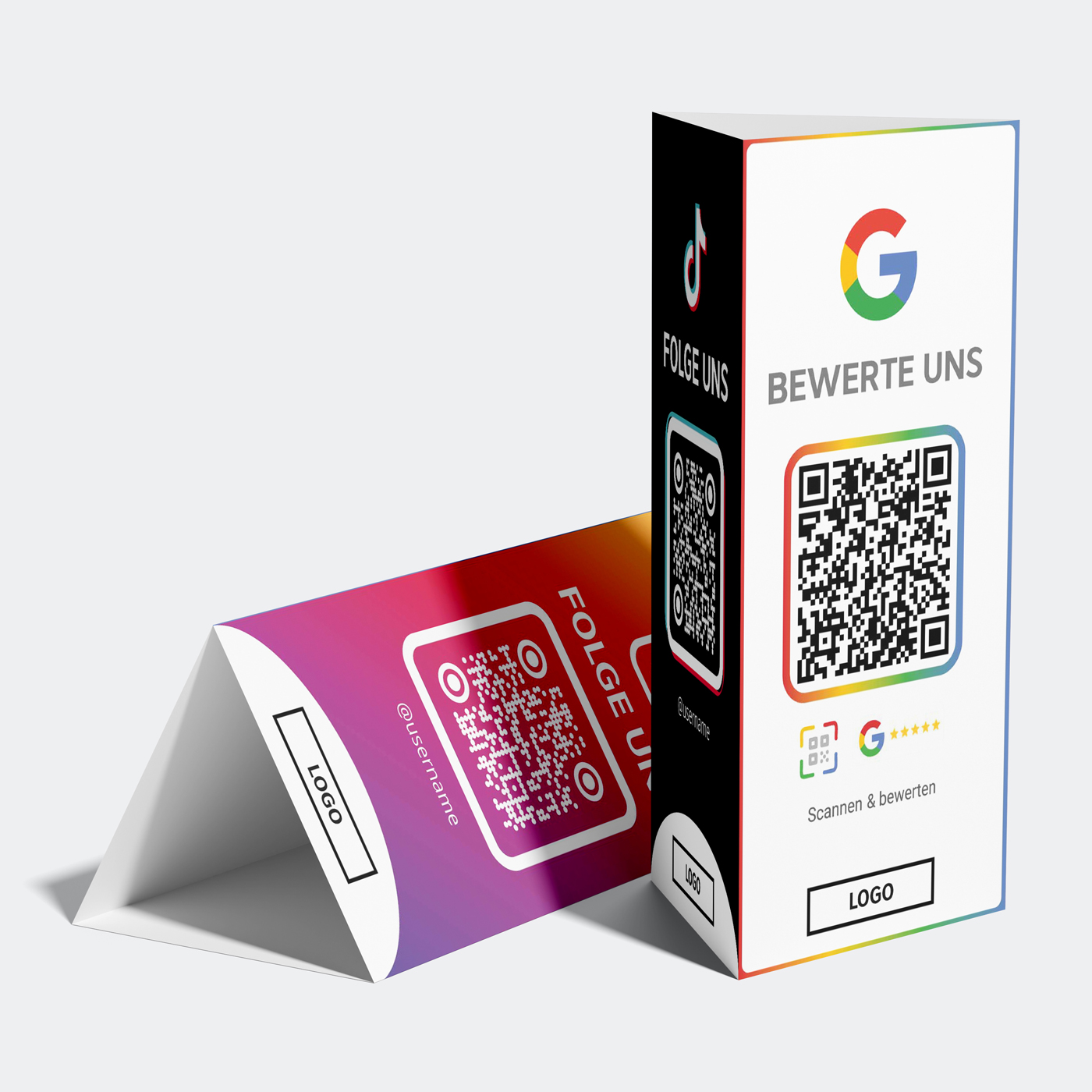 Google Bewertung & Social Media Aufsteller | 3-Seiten Tischdisplay mit QR Codes für Google Reviews, Instagram & TikTok |  QR Stand | Empfehlio Original